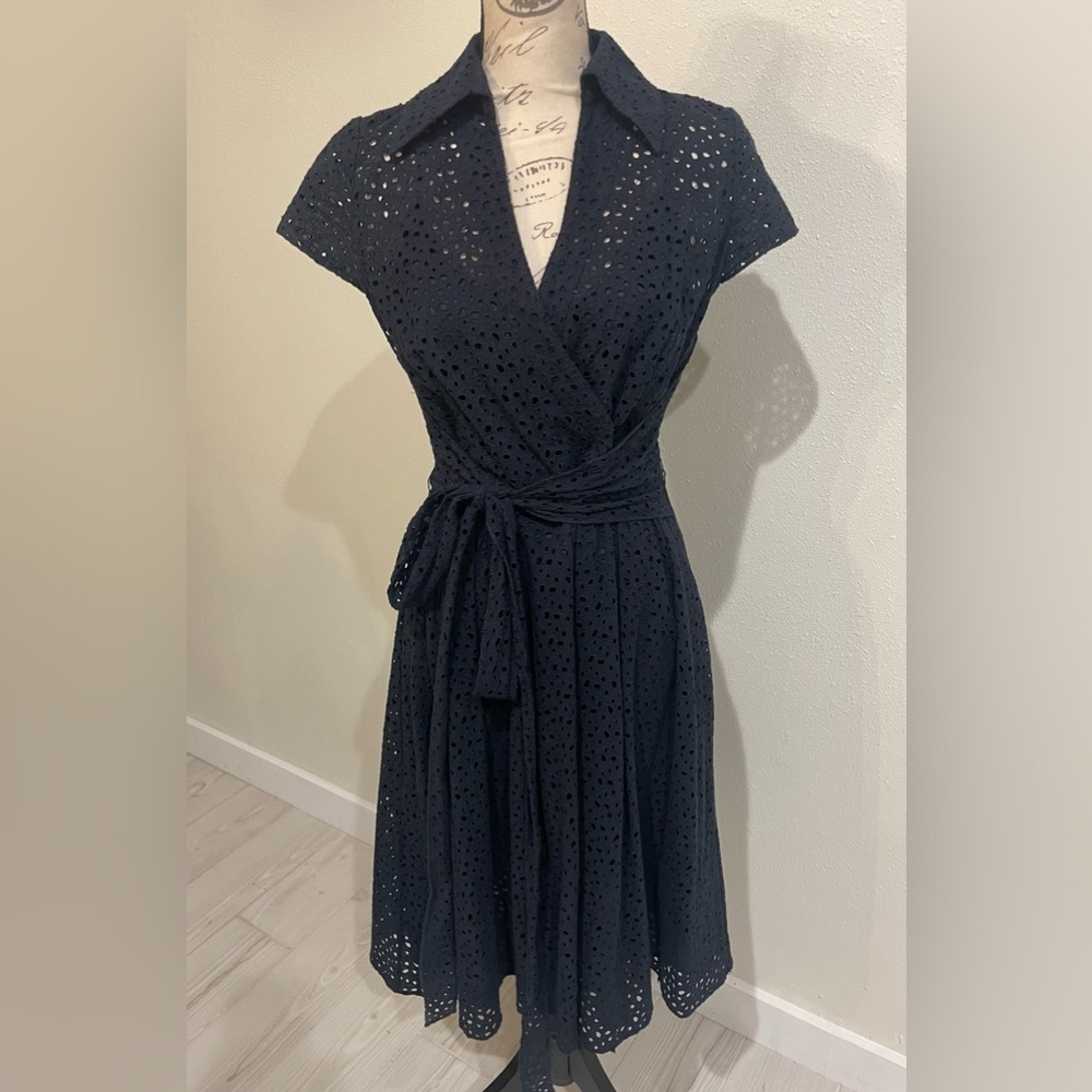 Chetta B Sherrie Bloom Peter Noviello Navy Blue Eyelet Midi Dress 100% Cotton
